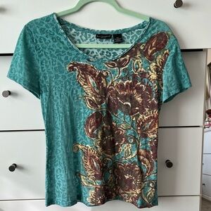 Bay Studio Teal and Brown Floral Short Sleeve Top with a sheer leopard print.